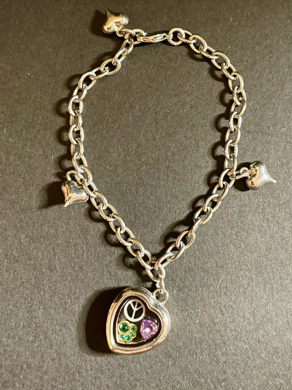 Vintage Style Silver Tone Heart Floating Glass Locket Charm Bracelet